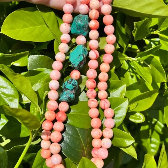 VINTAGE ANGEL SKIN CORAL &LARGE TURQUOISE BEADS LONG NECKLACE UNIQUE COLOR COMBO